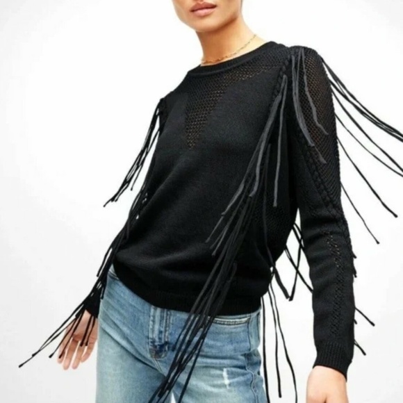7 For All Mankind Women's Open Weave Fringe Black Sweater Size S - Picture 2 of 11